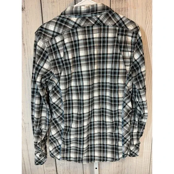Buckle Black Men’s Shirt Small Slim Fit Snaps Plaid Black White Blue Long Sleeve - Picture 6 of 6